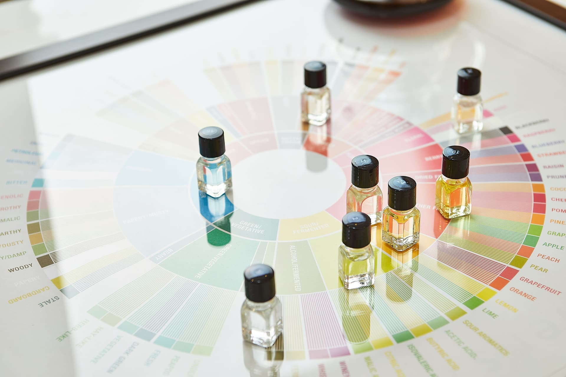 A small set of cologne sample vials arranged on a wooden surface
